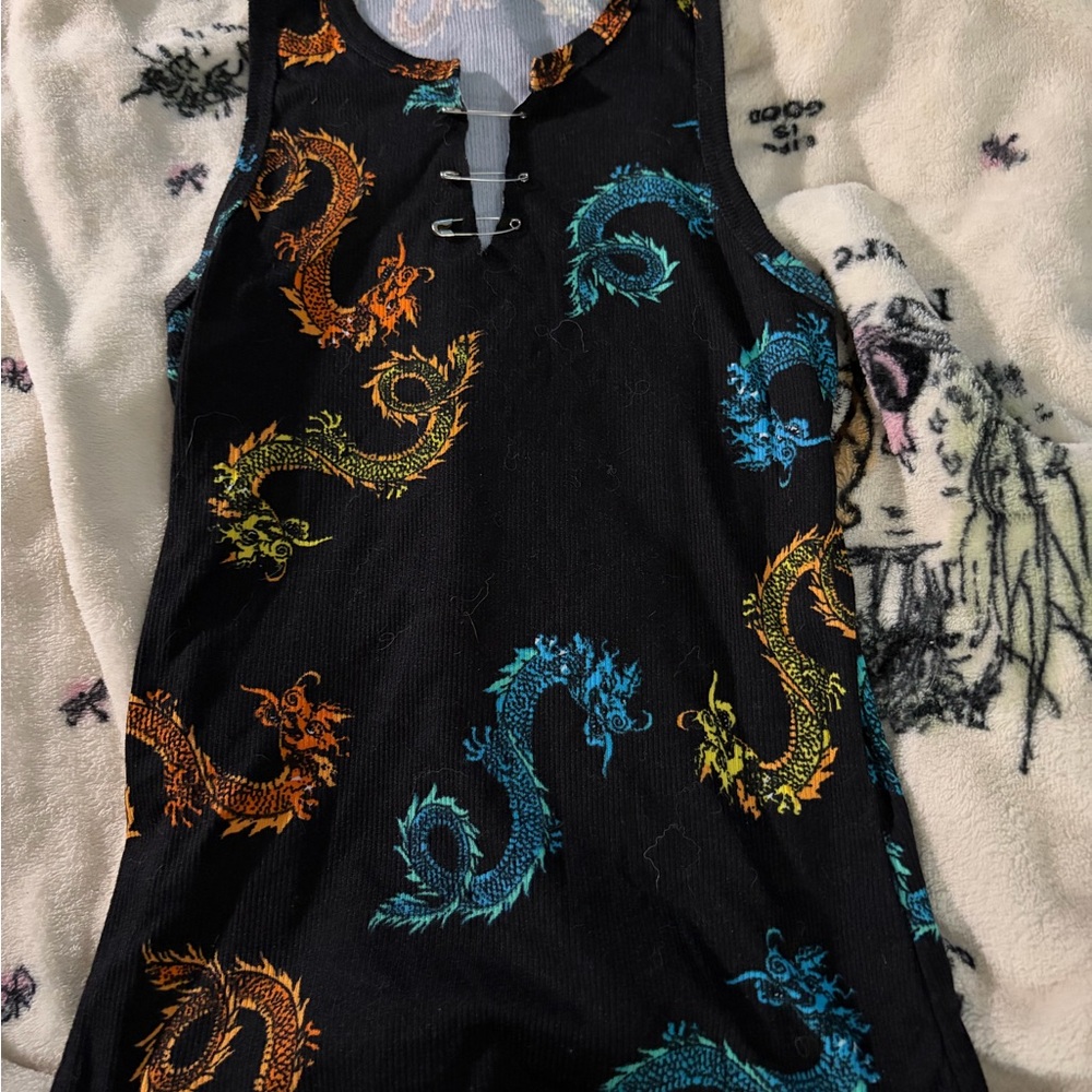 Rue21 Black Tank Top with Colorful Dragon Print
